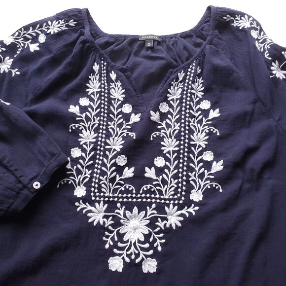 Talbots Embroidered Peasant Blouse XL Blue White Boho Cottagecore 3/4 Sleeve - Picture 2 of 10